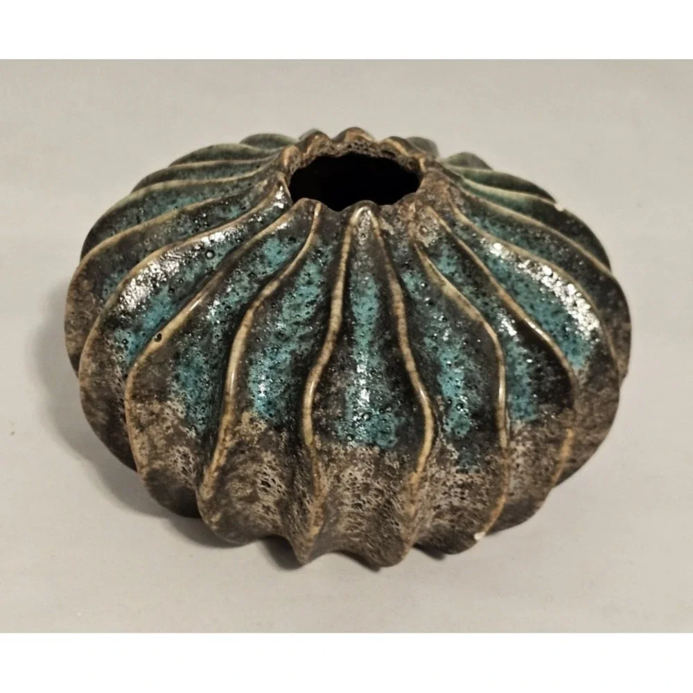 Fractal Volcanic Glaze Vase Blue Brown 2 Small Chips 3.5
